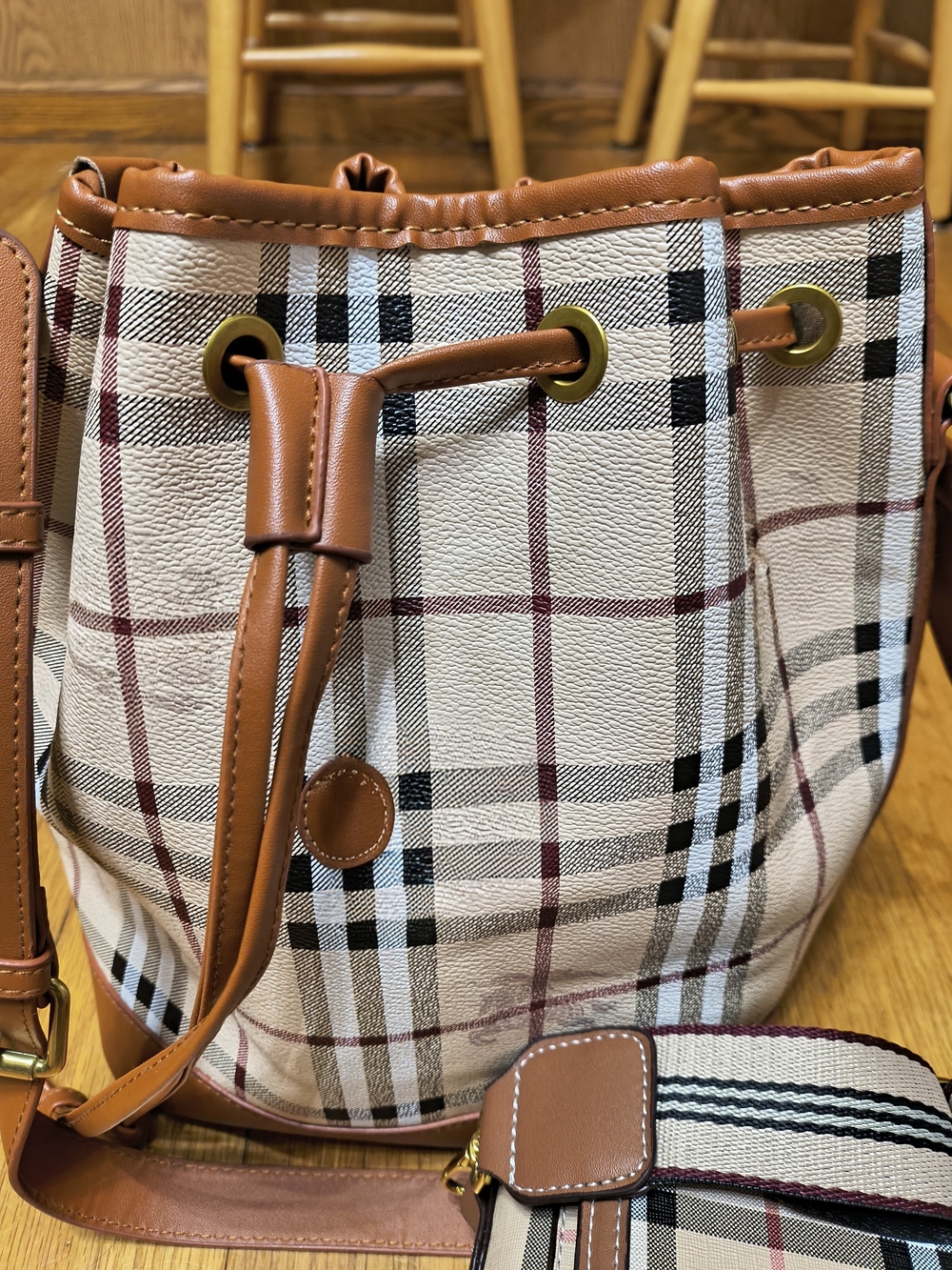 Classic Plaid Bucket Bag in Brown Leather Trim